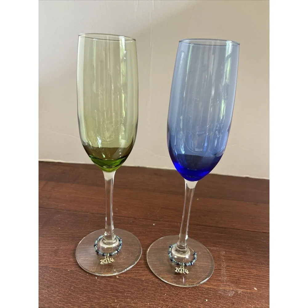 Set of 2 Champagne/ Wine Blue and Green Glass Flute 8 oz - 9.25